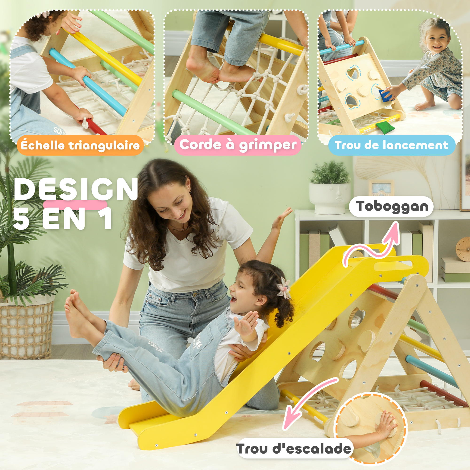 5 en 1 Triangle d'escalade avec toboggan enfants parcours motricité - filet d'escalade, sacs de sable inclus - immagine 4