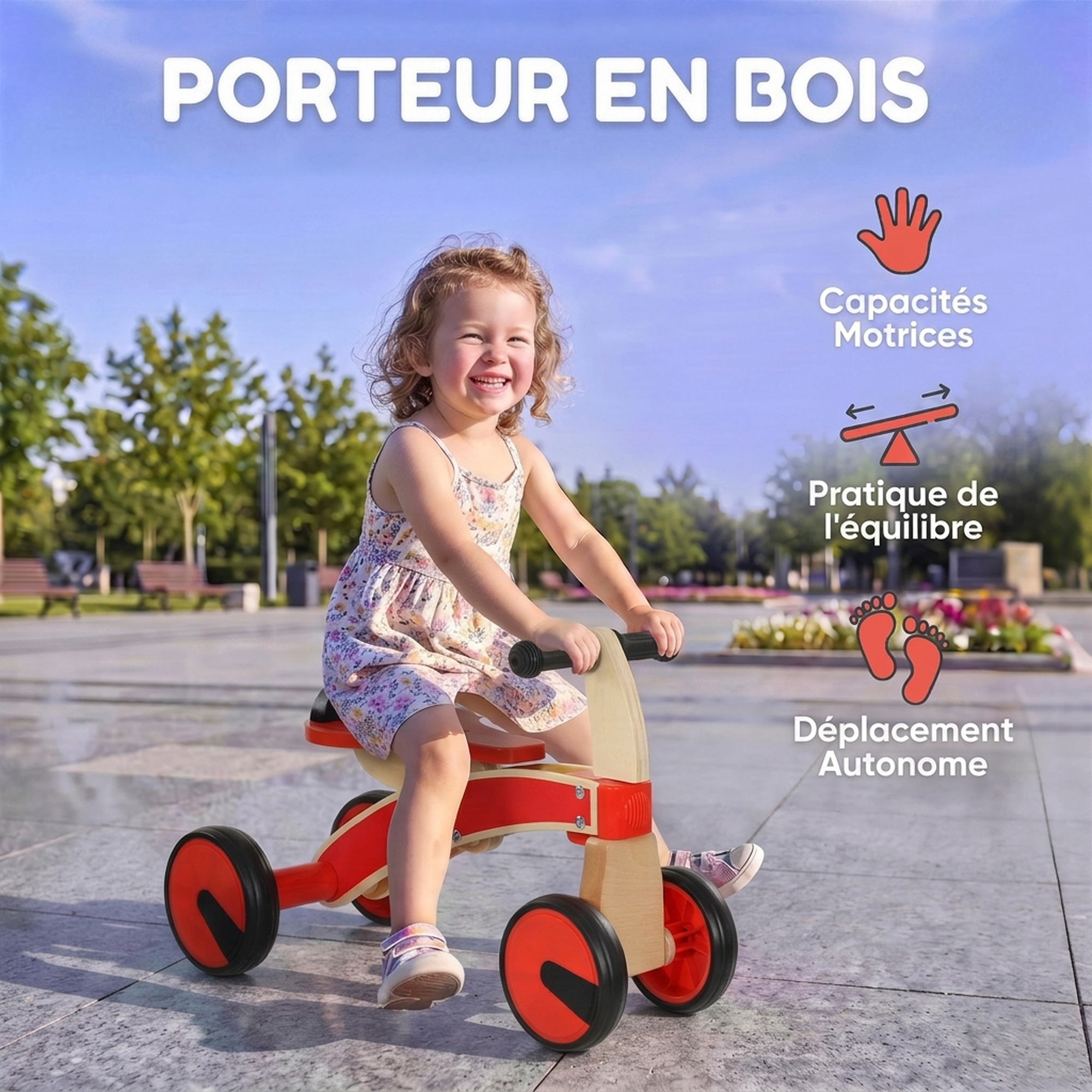 Voiture Porteur pour Enfants, Véhicule à Pousser Sans Pédales avec Roues en EVA et Dossier, 2 à 3 Ans, Rouge - immagine 4