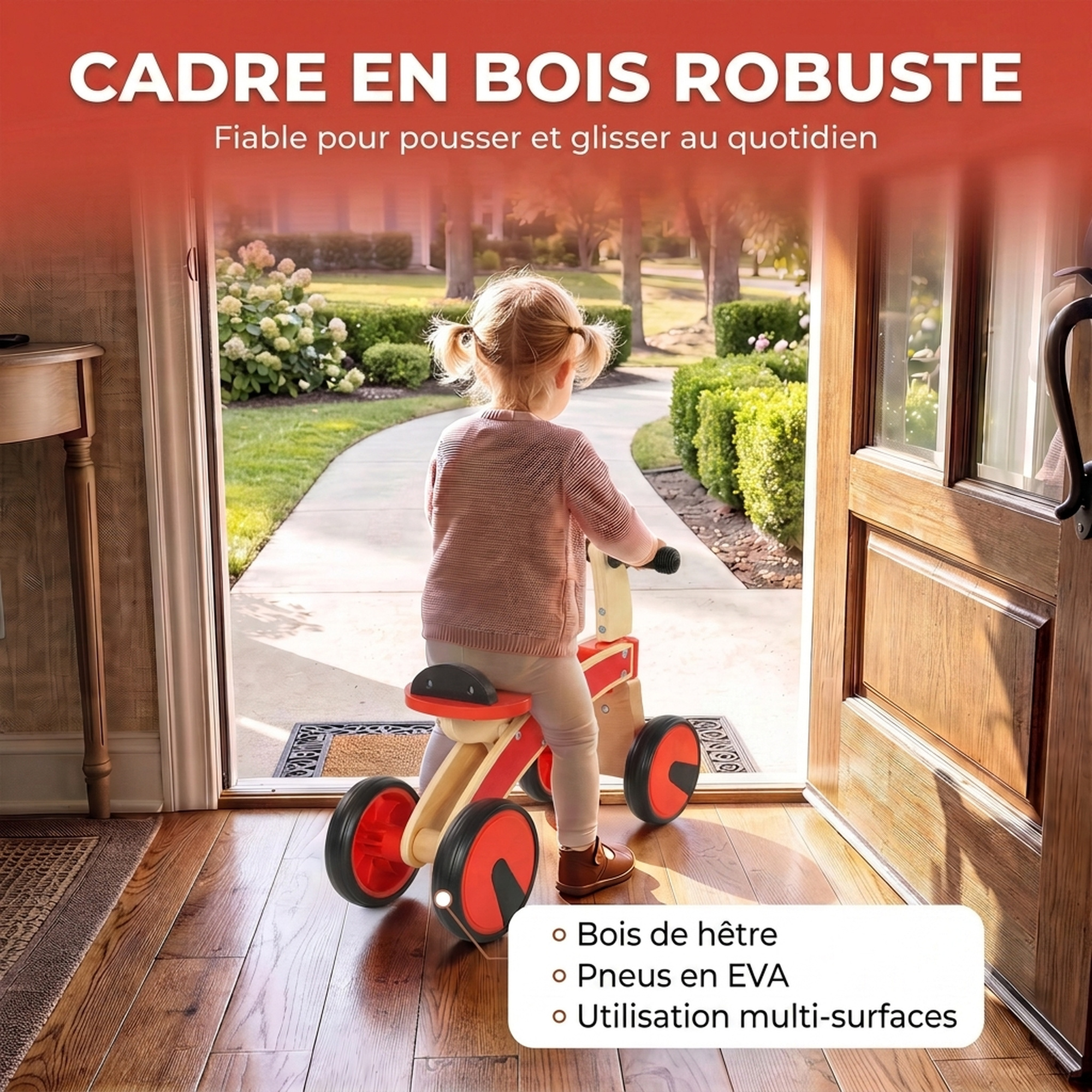 Voiture Porteur pour Enfants, Véhicule à Pousser Sans Pédales avec Roues en EVA et Dossier, 2 à 3 Ans, Rouge - immagine 5